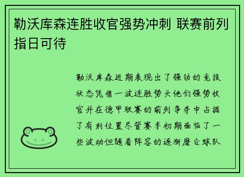 勒沃库森连胜收官强势冲刺 联赛前列指日可待