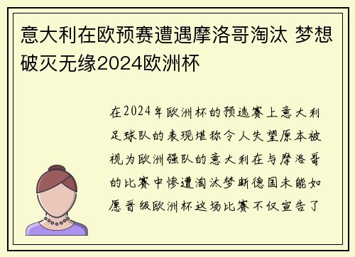 意大利在欧预赛遭遇摩洛哥淘汰 梦想破灭无缘2024欧洲杯