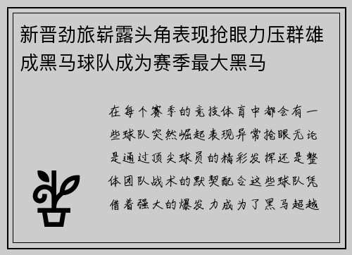 新晋劲旅崭露头角表现抢眼力压群雄成黑马球队成为赛季最大黑马