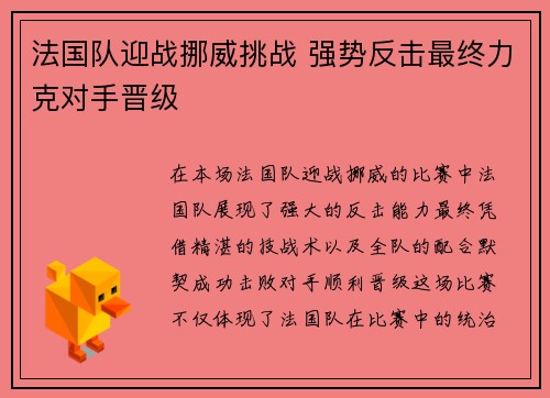 法国队迎战挪威挑战 强势反击最终力克对手晋级