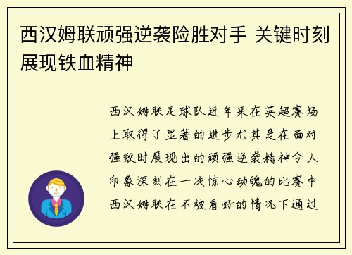西汉姆联顽强逆袭险胜对手 关键时刻展现铁血精神