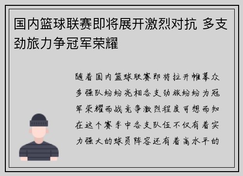 国内篮球联赛即将展开激烈对抗 多支劲旅力争冠军荣耀